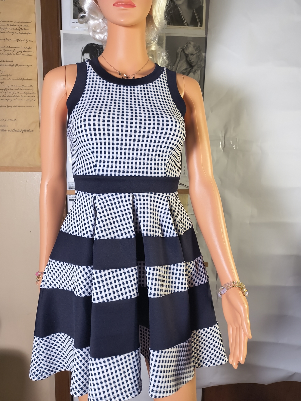 Windsor XS Navy White Checkered Ruffle Fit Flare Skater Mini Dress Homecoming